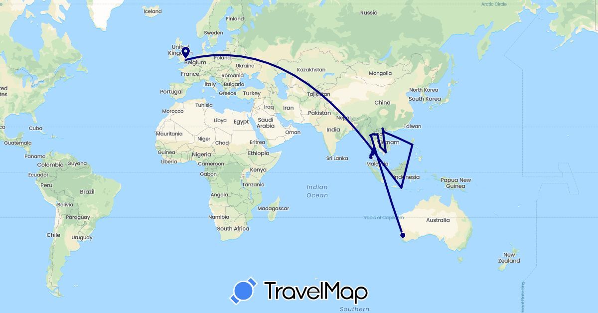 TravelMap itinerary: driving in Australia, United Kingdom, Indonesia, Cambodia, Laos, Philippines, Thailand, Vietnam (Asia, Europe, Oceania)
